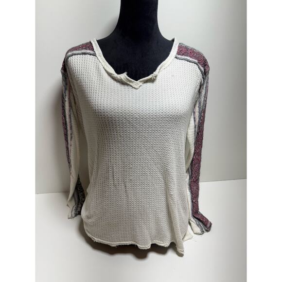 Free People Women’s Thermal Waffle Pullover Sweater Sz Medium V Neck Stretchy - Picture 1 of 9